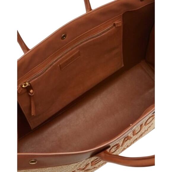 SAINT LAURENT ‘Rive Gauche’ Embroidered Raffia & Leather Tote Bag Natural NWT - Picture 6 of 8